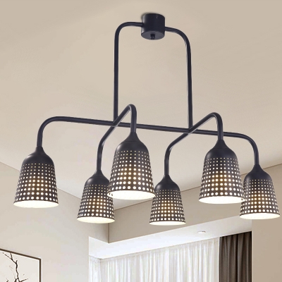 6-Light Island Pendant Light Industrial Living Room Suspension Lamp with Laser-Cut Bell Metal Shade in Black