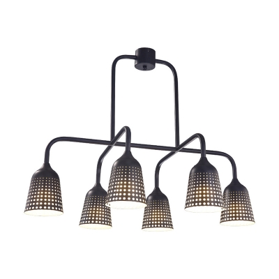 6-Light Island Pendant Light Industrial Living Room Suspension Lamp with Laser-Cut Bell Metal Shade in Black
