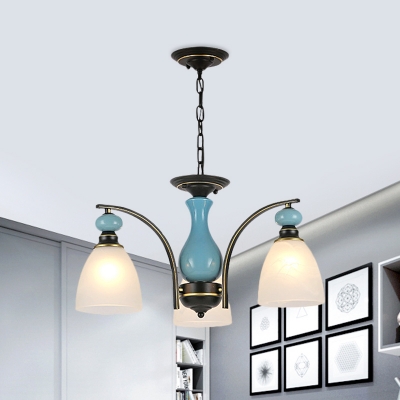 Antiqued Domed Down Lighting 3/5/8-Light White Frosted Glass Chandelier Pendant Lamp in Black and Blue