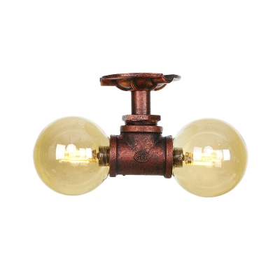 Antiqued Global Semi Mount Lighting 2-Light Amber Glass LED Flush Ceiling Lamp in Copper