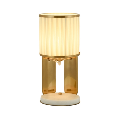 Barrel Gathered Fabric Table Light Postmodern 1-Light Gold Nightstand Lamp with Marble Base