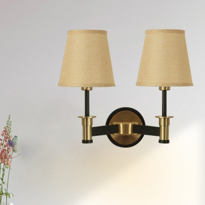 Barrel Indoor Wall Mount Lighting Farmhouse White/Beige Fabric 2 Heads Wall Sconce Lamp in Black and Gold