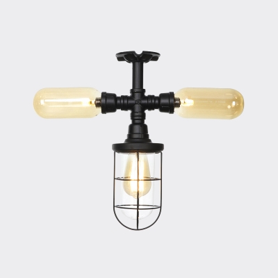 Black 3 Lights Semi Flush Light Fixture Antiqued Clear Glass Cage and Globe/Capsule Ceiling Mounted Lamp