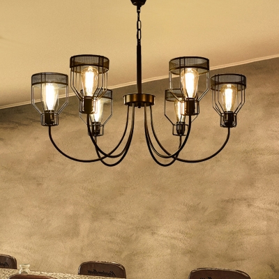 Black 6/8/12 Bulb Chandelier Lighting Industrial Iron Curved Arm Pendant Lamp Fixture with Cage