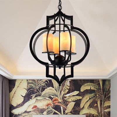 Black Lantern Cage Pendant Chandelier Retro Iron 4-Bulb Bedroom Ceiling Suspension Lamp with Inner Pillar Shade