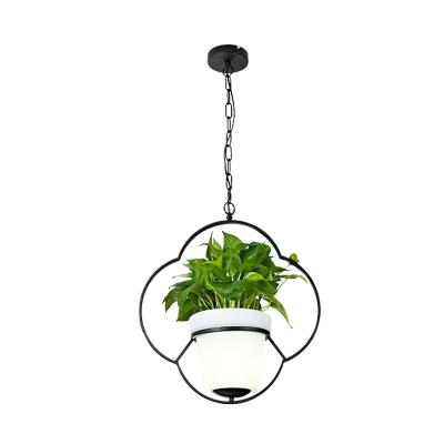 Black Round/Flower Frame Pendant Lighting Country Style Iron 1 Bulb Bistro Suspension Lamp with Bucket Planter