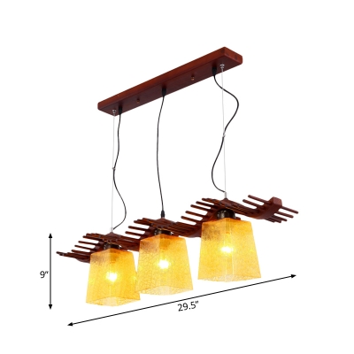 Brown Trapezoid Island Light Fixture Country Amber Water Glass 3-Light Dining Room Pendant Lamp with Wood Wavy Shelf