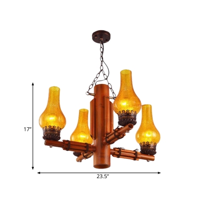 Brown Vase Chandelier Light Fixture Warehouse Yellow Rippled Glass 4 Heads Living Room Drop Pendant with Bamboo Arm