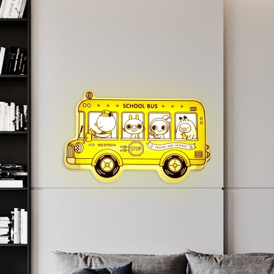 Bus Shaped Flush Wall Sconce Cartoon Plastic LED Yellow Wall Mount Light Fixture with Animals Pattern