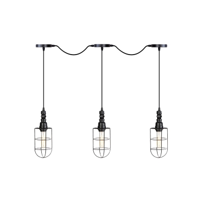 Caged Iron Multi Pendant Light Industrial 3/5/7-Bulb Restaurant Tandem Suspension Lamp in Black