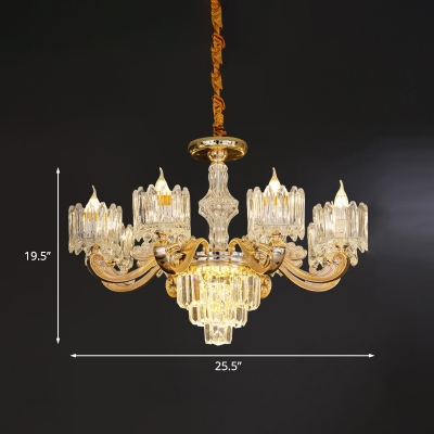 Contemporary Curvy Arm Pendant 6/8-Bulb Crystal Block Ceiling Chandelier in Gold for Living Room