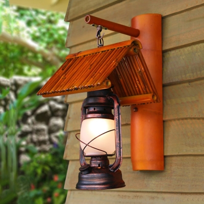 Copper 1 Bulb Sconce Lamp Retro Style Frosted Glass Kerosene Wall Light Fixture with Bamboo Roof Shade