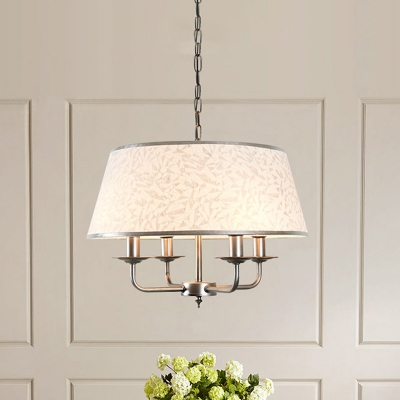 Farmhouse Drum Shape Chandelier Pendant Light 4-Light Fabric Suspension Lamp in White/White-Silver