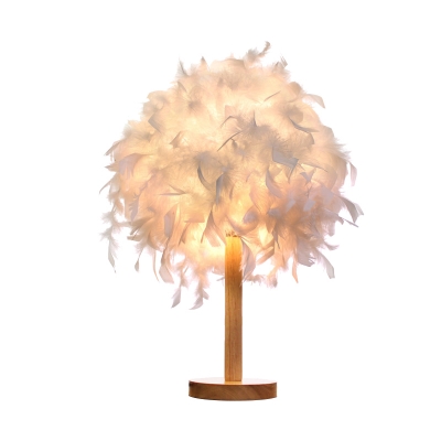 Feather Bedside Night Table Light Fabric 1-Head Contemporary Desk Lamp in White with Wood Base