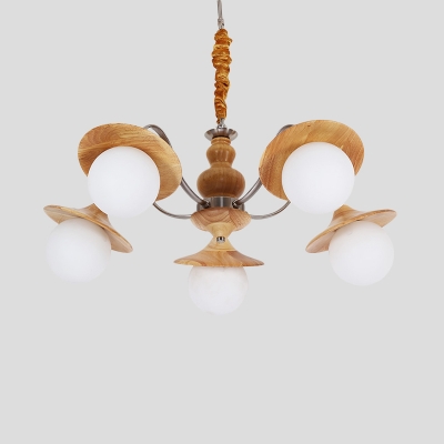 Flared Restaurant Hanging Chandelier Wood 5 Heads Modernism Pendant Lighting with Orb Cream Glass Shade