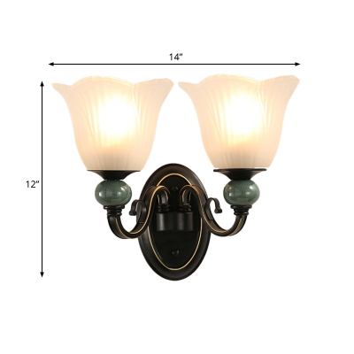 Frosted Glass Floral Up Sconce Lamp Vintage 1/2 Heads Indoor Wall Lighting Ideas in Black