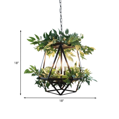 Geometric Cage Iron Chandelier Warehouse 3 Lights Dining Table Plant Ceiling Pendant in Black