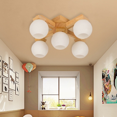 Global Semi Flush Lighting Asian White Frosted Glass 5 Bulbs Wood Ceiling Mounted Fixture for Bedroom