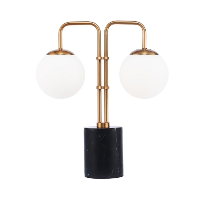 Globe White Glass Desk Lighting Modernist 2 Bulbs Gold Night Table Lamp with Cylinder Black Marble Base