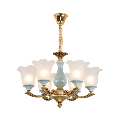 Gold 6 Lights Up Chandelier Light Traditional Frosted Opal Glass Flower Hanging Lamp Kit