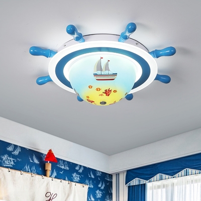 Mediterranean Rudder Flushmount Metallic LED Bedroom Flush Light Fixture in White and Blue with Acrylic Shade