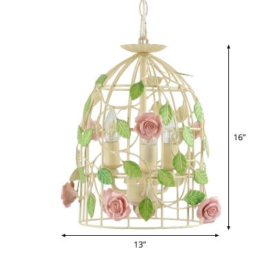 Metal Beige Pendant Chandelier Birdcage 3 Heads Farmhouse Style Korean Suspension Light with Rose Deco