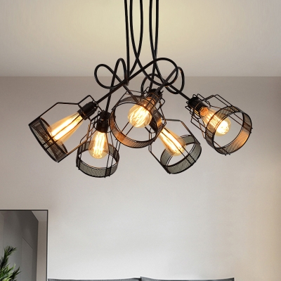 Metal Caged Semi Flush Mount Lighting Industrial 5 Bulbs Dining Room Close to Ceiling Lamp in Black
