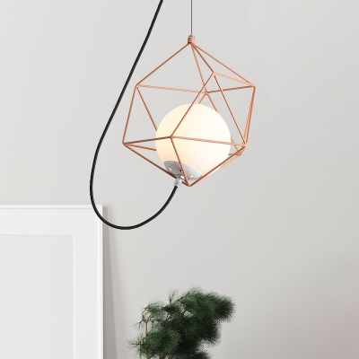Milk Glass Ball Pendant Macaron 1 Head Hanging Light Fixture with Wire Cage in White/Pink/Green