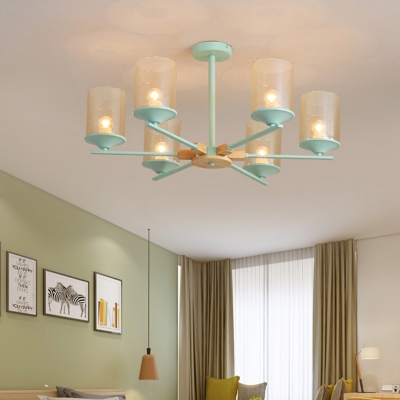 Modern Nordic Radial Chandelier Lighting Iron 6 Heads Bedroom Suspension Pendant in White/Green and Wood with Cylinder Tan Glass Shade