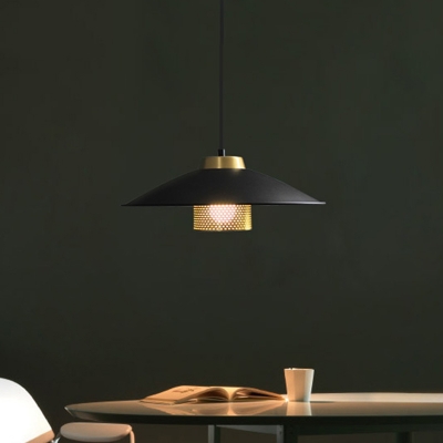 Modern Saucer Pendulum Light Metallic 1 Light Restaurant Hanging Ceiling Lamp in Black with Cylinder Mesh Shade Inside