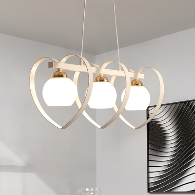 Modernist 3/4-Head Island Pendant Black/White In-Line Loving Heart Hanging Lamp with Dome Opal Glass Shade