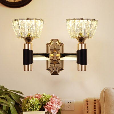 Modernist Bowl Wall Mount Light 1/2-Bulb Crystal Rectangle Sconce Lamp in Black and Gold