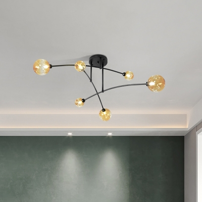 Modernist Modo Semi Flush Mount Light Amber Glass 6-Light Bedroom Arced Flush Ceiling Lamp in Black