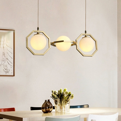 Modernist Orb Island Pendant Light White Frosted Glass 3-Light Dining Room Ceiling Lamp with Gold Octagon Frame