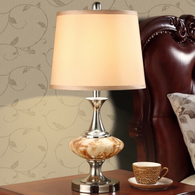Nickel 1-Light Night Lamp Vintage Gradient Amber Glass Oval Table Lighting with Fabric Lamp Shade