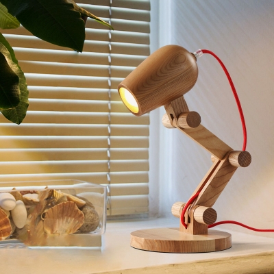 Nordic Robot Wood Table Light Single-Bulb Night Stand Lamp in Beige with Red Wire Cord