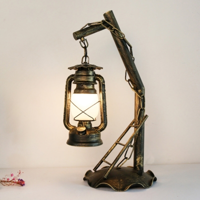 Opal Glass Brass Table Light Kerosene 1-Light Factory Style Desk Lighting with Angled Arm