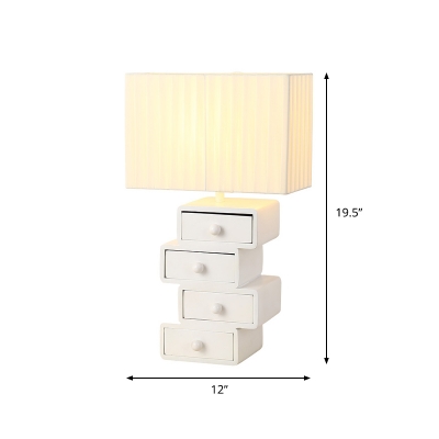 Pleated Fabric Box Nightstand Lamp Modern Functional 1-Light White Table Light with 4-Layer Wood Drawer Base