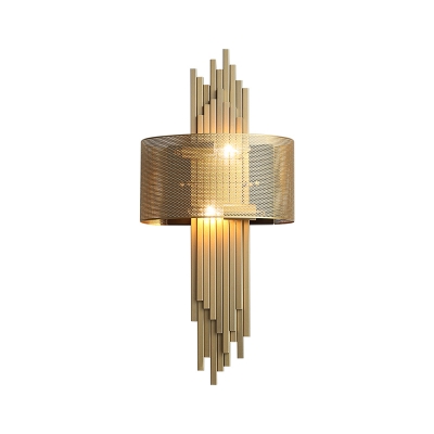 Postmodern 2-Tier Flute Wall Sconce Metal 2-Light Parlor Wall Mounted Lamp in Gold with Half Round Mesh Screen
