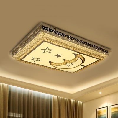 Rectangular Bedroom Ceiling Light Modernist Crystal LED Chrome Flushmount with Moon and Star Pattern