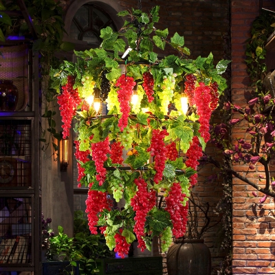 Red Round Chandelier Pendant Light Vintage Iron 6 Lights Restaurant Drop Lamp with Fruit Decor