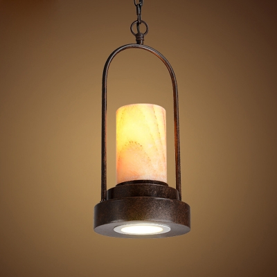 Retro Cylinder Hanging Light Fixture 1 Light Marble Pendant Lamp in Rust with Elliptical Ring Deco