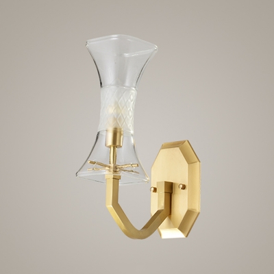 Retro Hourglass Wall Lighting 1-Light Clear Glass Wall Sconce with Brass Curved Arm