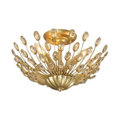Retro Stylish Peacock Tail Ceiling Flush 3 Lights Clear Crystal Semi Mount Lighting in Gold
