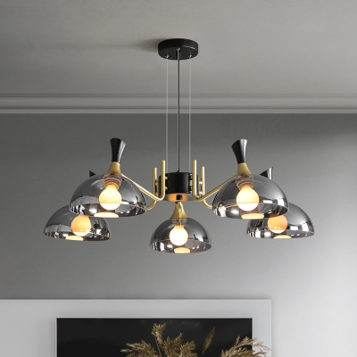 Smoke Grey/Amber Glass Dome Chandelier Modern 5-Light Black and Brass Hanging Light with Grip