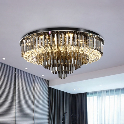 Smoke Gray Crystal Tiered Ceiling Lamp Traditionalism 5/6 Bulbs Living Room Flush Light Fixture