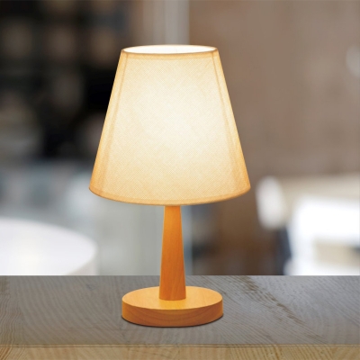Tapered Shade Night Stand Light Minimalist Fabric Single Beige Table Lighting with Wood Pedestal