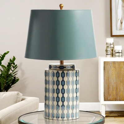 Tapered Shade Parlor Table Lamp Rural Ceramic Single Green Night Stand Light with Quatrefoil Element