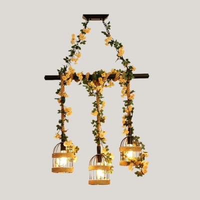Vintage Birdcage Island Light Fixture 3/5 Bulbs Rope Pendant Lighting in Black with Artificial Plant