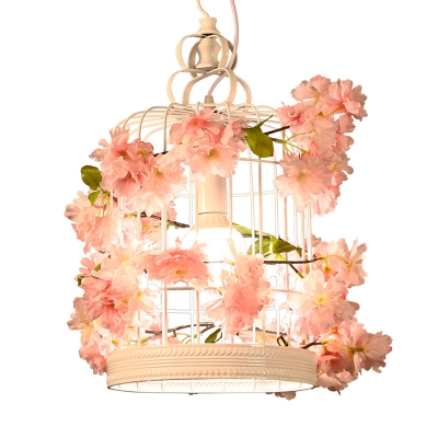 White Birdcage Suspended Lighting Fixture Farm Style Iron 1-Head Restaurant Pendant Light with Artificial Flower